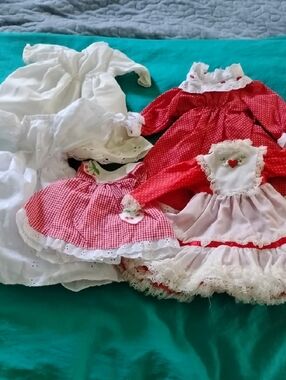6 New Doll Dresses Red and White Plus Underpants, Pantaloons, Slip